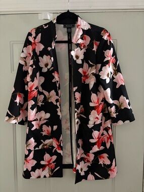 New York & Company Black Floral Open-Front Blazer with Pink Accents